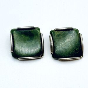 Vintage Green Bakelite and Gold Tone Metal Square Clip on Earrings